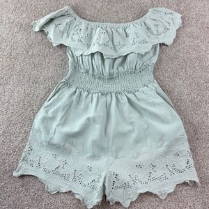 Zara Basic Sage Green Eyelet Off Shoulder Romper Smoked Waist Boho Small Boho